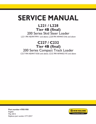 New Holland C227 TIER 4B Final [NDM471836- ]Europe Compact Track Loader Service Repair Manual